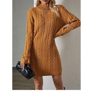 SHEIN Mock Neck Cable Knit Sweater Dress Caramel Brown S